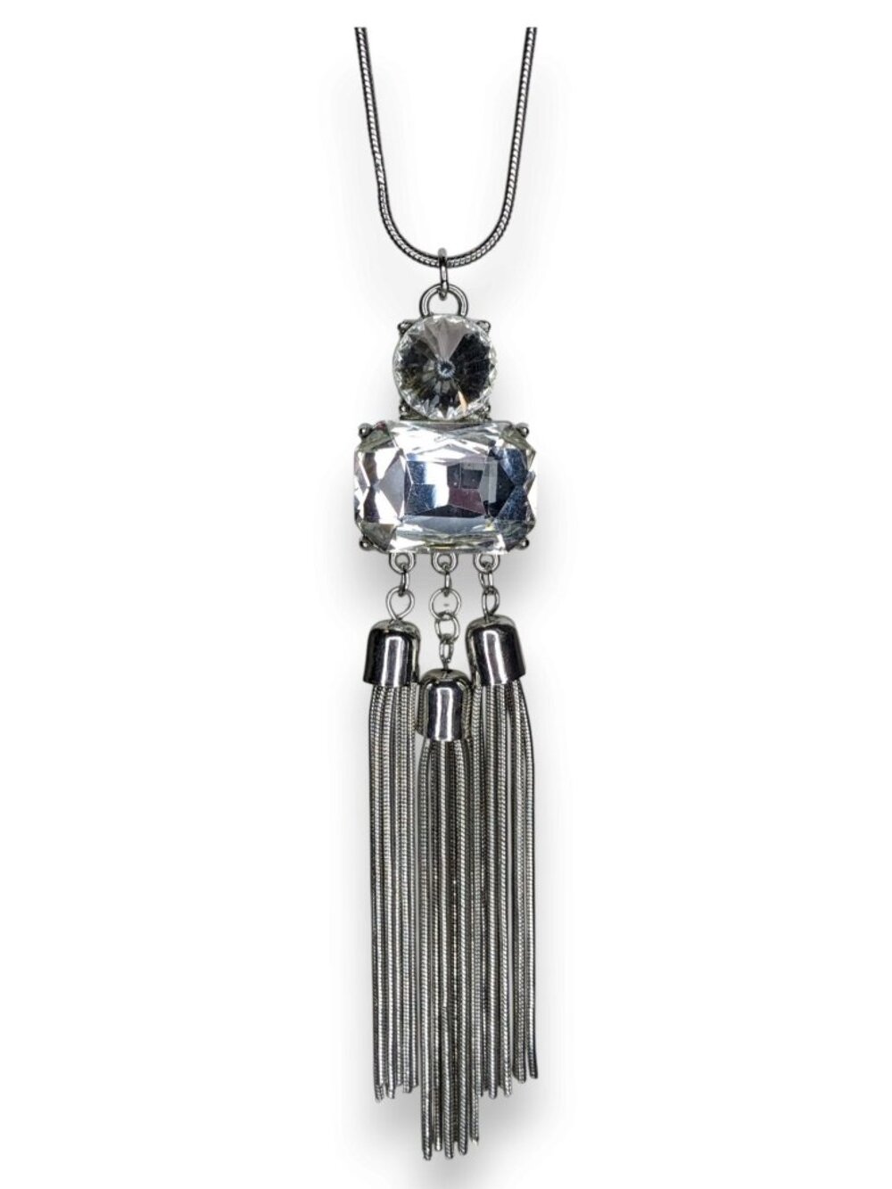 Jennifer Lopez Y2K Glam Silver Tone Crystal Statement Tassel Necklace 30 Inch